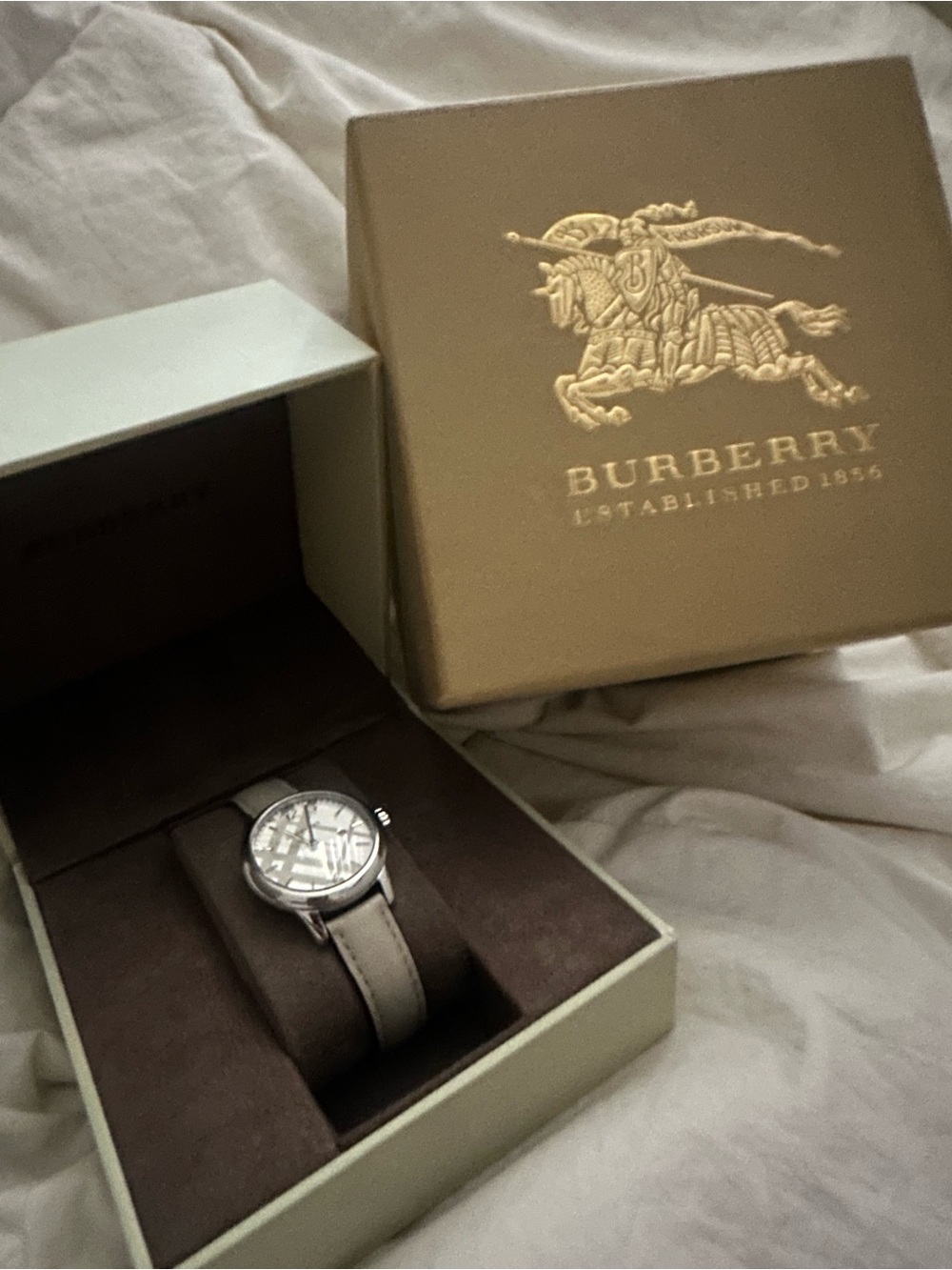 Burberry Beige Leather Strap Watch with Silver-Tone Case